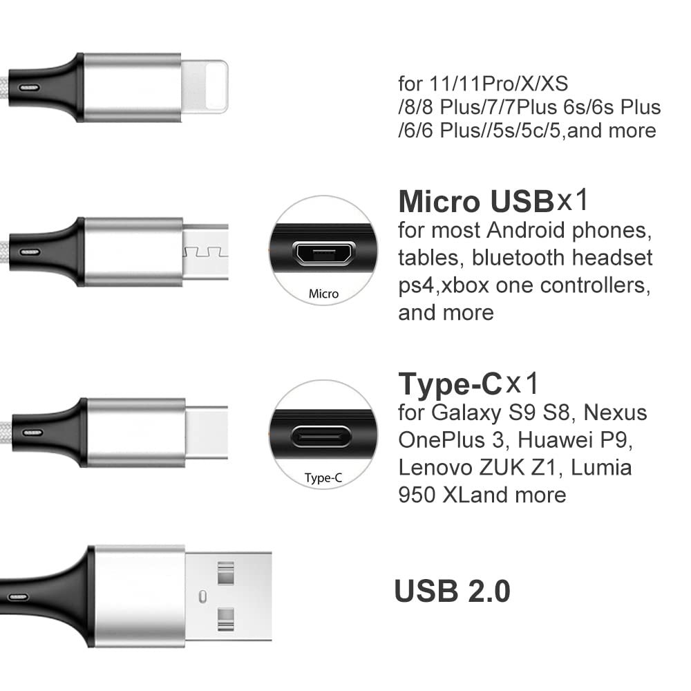 Multi Charging Cable, 10ft 2Pack Multi Phone Charger Cable Braided Universal 3 in 1 Charging Cord Extra Long Multiple USB Cable with USB C, Micro USB