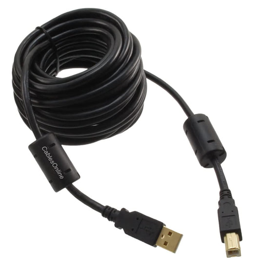 Cablesonline, 20 Feet Hi-Speed USB 2.0 A-Male to B-Male Cable with Two Ferrite Cores, 20-awg, Gold Plated, Black, (Usb2-ab20k)