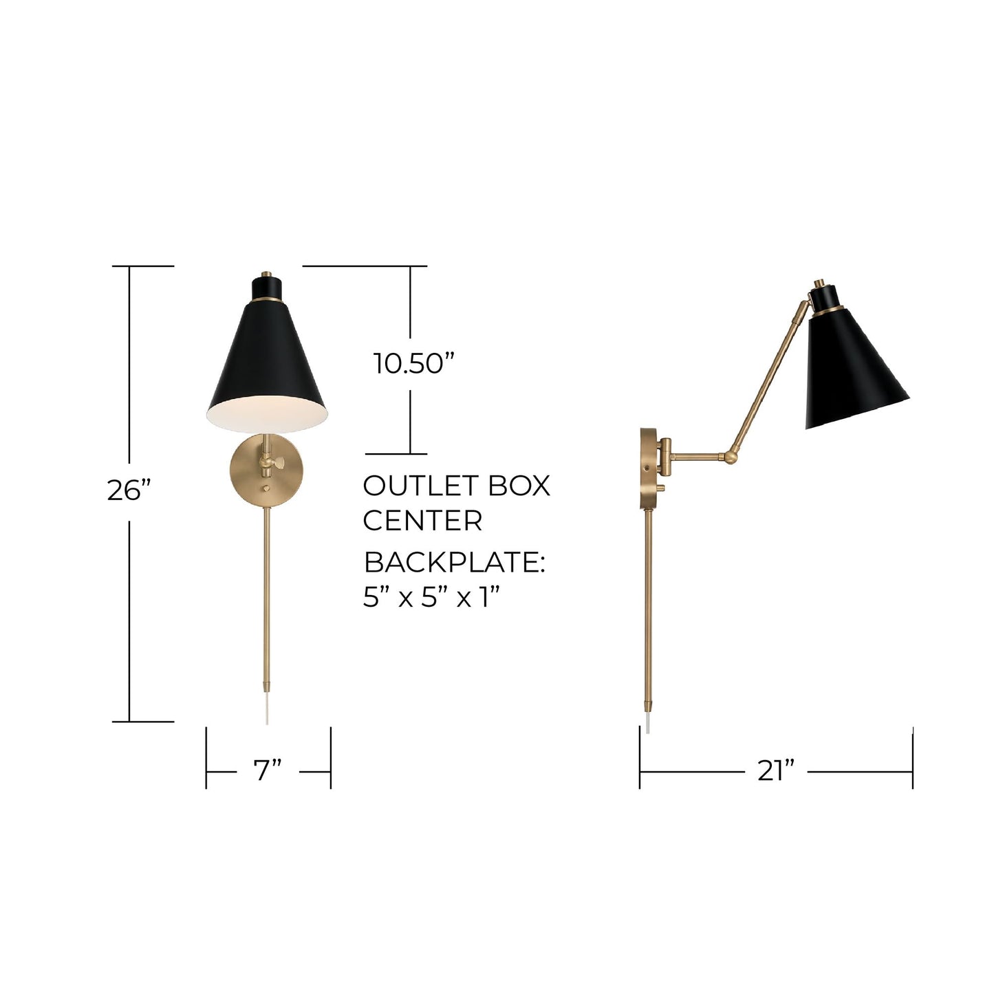 Capital Lighting 650111AB Bradley Modern Metal Cone Articulating Wall Sconce, Plug-in Optional, 1-Light 100 Watt, 26" H x 7" W, Aged Brass and Black