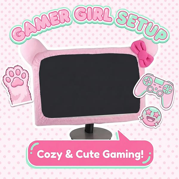 Monfurise 1 Pcs Cute Cat Ear Computer Monitor Cover, Kawaii Pink Dustproof Screen Protector for 20-29 Inch Display, Soft Elastic Fabric Monitor Dust