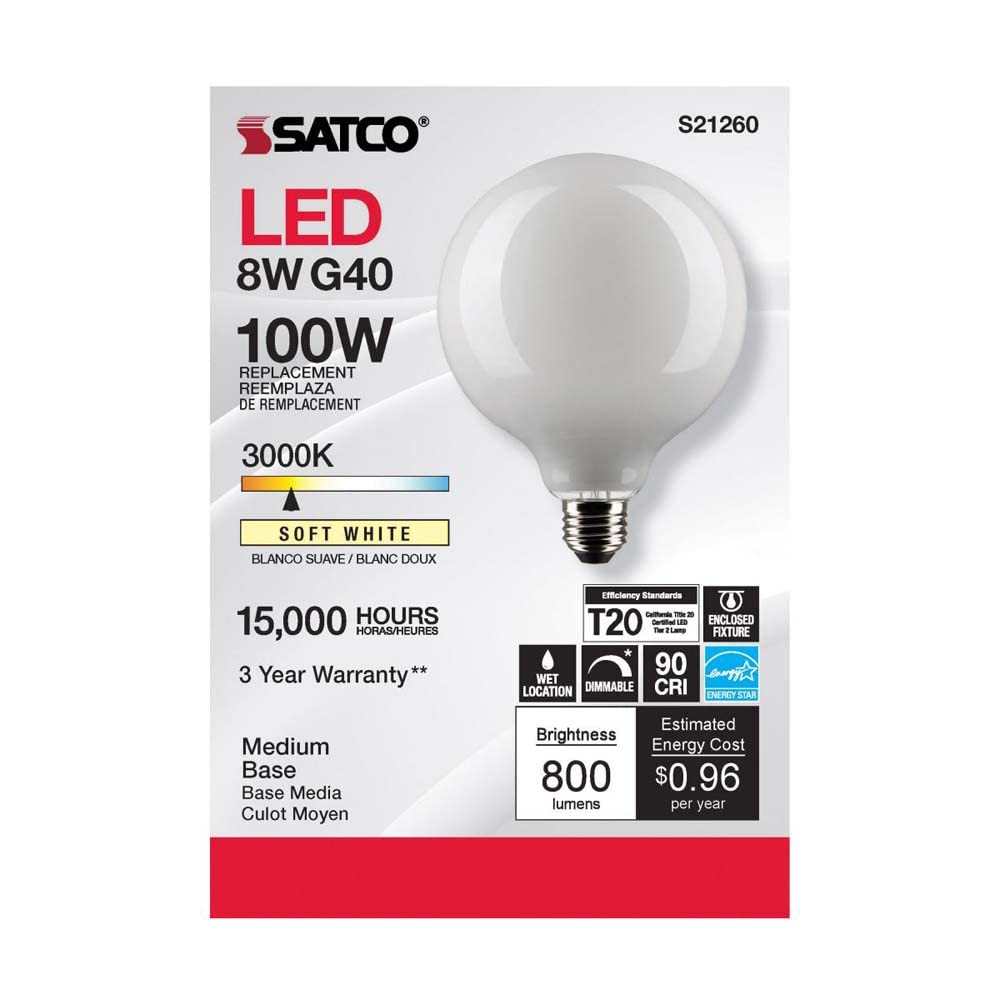 Satco S21260 8-Watt LED Light Bulbs G40 Globe Soft White 3000K 800 Lumen Medium Base E26 White Gloss Finish Dimmable Wet Location 120V - 6 Pack