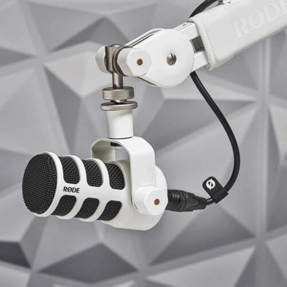 Rode PodMic Dynamic Podcasting Microphone | White Bundle with Pop Filter + Desktop Microphone Stand + XLR Cable + Cleaning Cloth (5 Item)