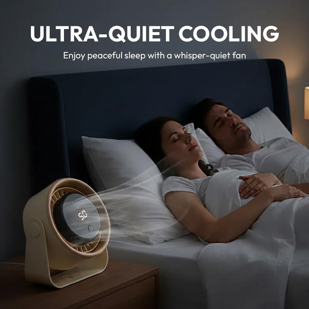 MAVI Small Desk Fan, Rechargeable Quiet Mini Personal Fan with LED Digital Display, Portable Wall-Mount & Cordless Design, 3 Speeds, Long Battery