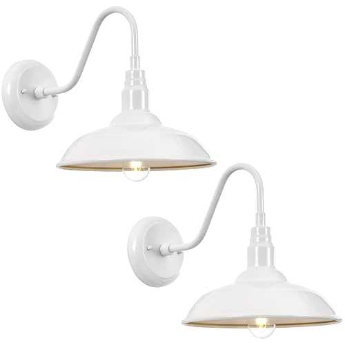 GOALPLUS Outdoor Gooseneck Barn Light Fixture with Wall Mount, 10'' Diameter White Exterior Waterproof Wall Lantern for Porch, Farmhouse Wall Sconce