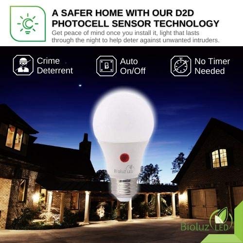 Bioluz LED Dusk to Dawn Light Bulb, 9W (60W Equivalent) A19 LED Light Bulb with Photocell Sensor, Auto On/Off, 3000K Soft White Indoor/Outdoor Light