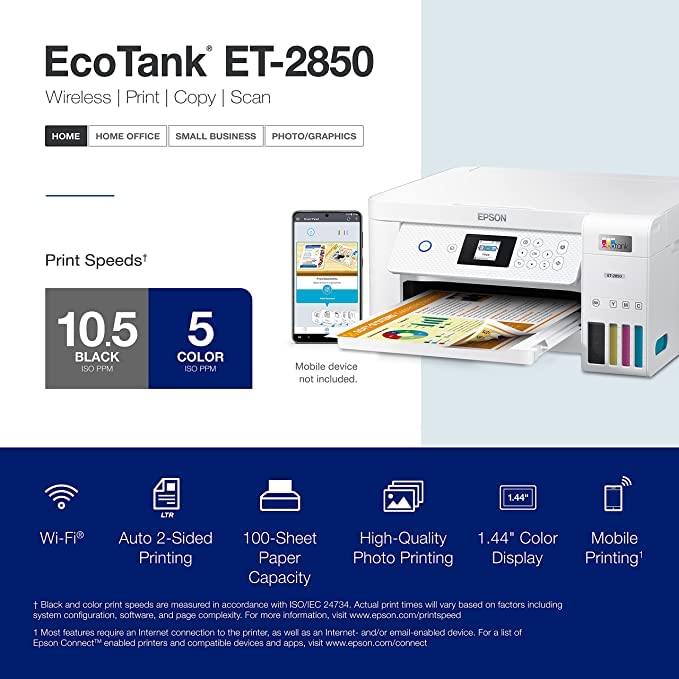 Epson EcoTank ET-2850L Wireless Color All-in-One Printer, Print Scan Copy, 1.44" Color Display, Auto-Duplex Printing, Up to 10.5 PPM, 1200X2400 DPI