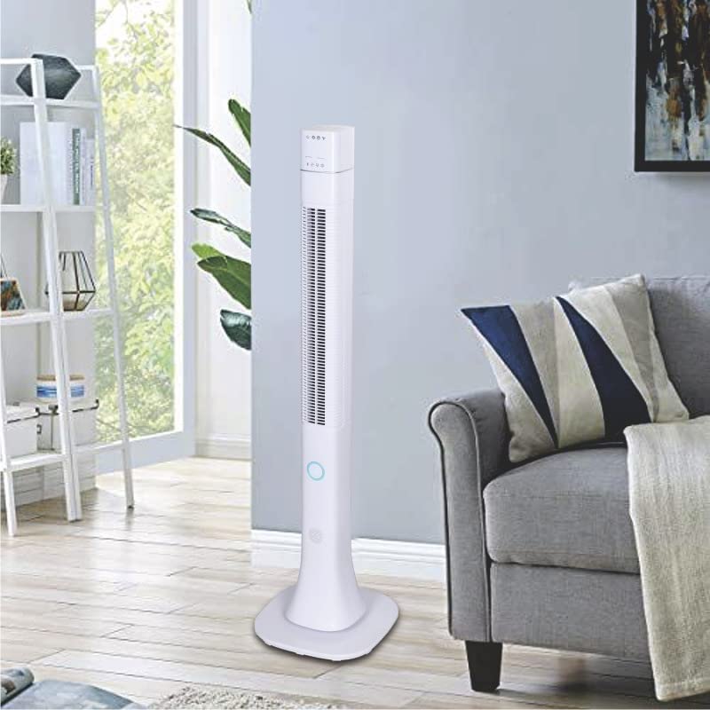 Optimus F-7585WH 48" Pedestal Tower Fan with Remote Control & LED, Bluetooth - White 48" Pedestal Tower Fan, White