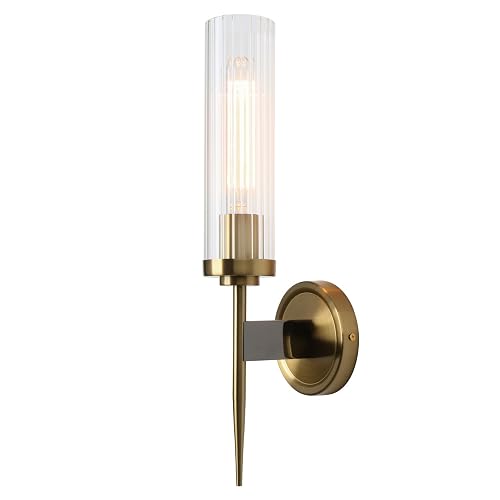 PERMO Vintage Antique Sconces Brass Gold Single Wall Sconce Light Fixture with 2.8" Cylindrical Clear Glass Shade for Living Room Home Office Entryway
