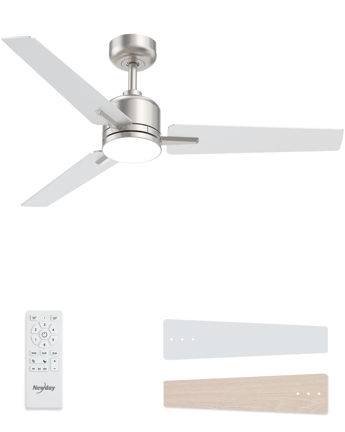 Newday 52 Inch Brushed Nickel Ceiling Fan with Lights and Remote