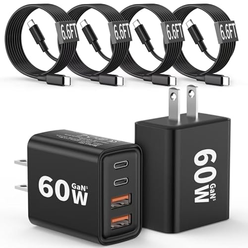 2 Pack USB C Charger Block 60W, 4-Port GaN5 Super Fast Phone Charger, Type C Charging Block PD 20W & QC 20W with 6.6FT USB C Cables for iPhone 17