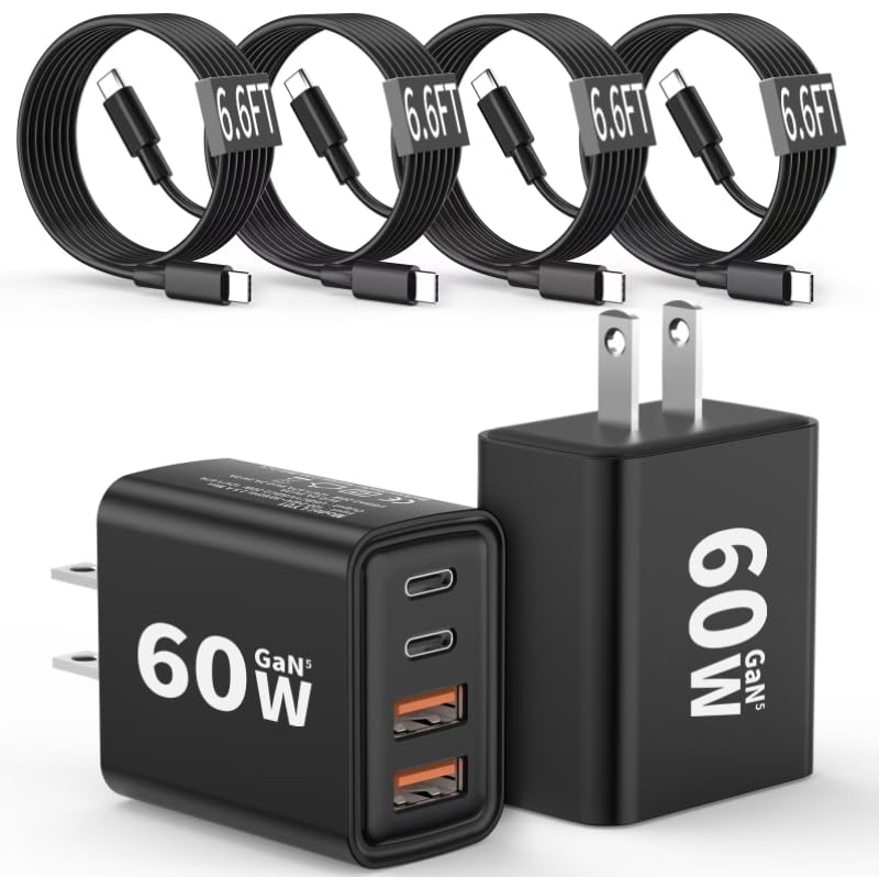 2 Pack USB C Charger Block 60W, 4-Port GaN5 Super Fast Phone Charger, Type C Charging Block PD 20W & QC 20W with 6.6FT USB C Cables for iPhone 17