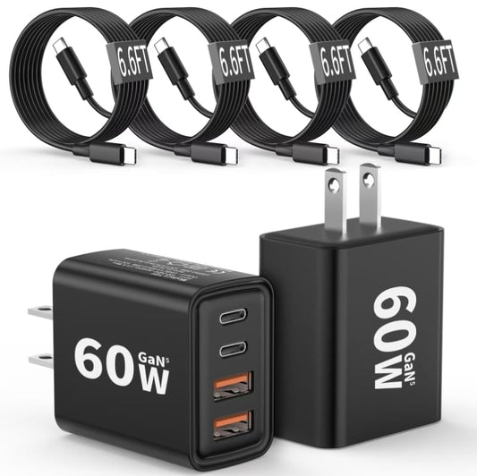 2 Pack USB C Charger Block 60W, 4-Port GaN5 Super Fast Phone Charger, Type C Charging Block PD 20W & QC 20W with 6.6FT USB C Cables for iPhone 17