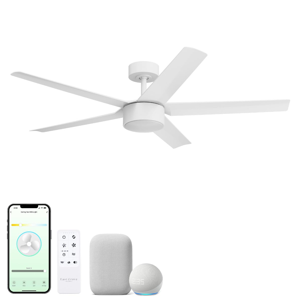 East Grove Home Stratos Indoor or Outdoor 52in 5-Blade Smart Ceiling Fan 2700K-6000K CCT Tunable Range LED Light Kit with Remote Control in Matte