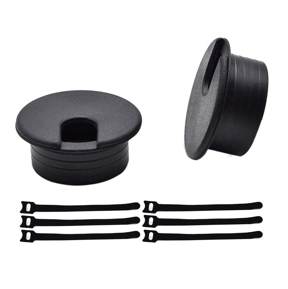 1-1/2 Inch (38mm) Black Wire Grommets and Cable Ties Kit ABS Plastic Desk Hole Cover Cord Organizer for Computer Desk Cabinet (2pcs Desk Grommets +