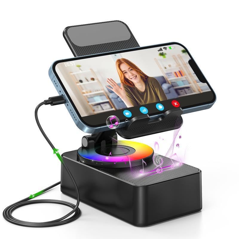 Wireless Audio Bluetooth Speaker 5in1 Phone Holder Emergency Rechargeable withColorful Ambient Light 300° Foldable for Tablet iPhone Android, Gifts