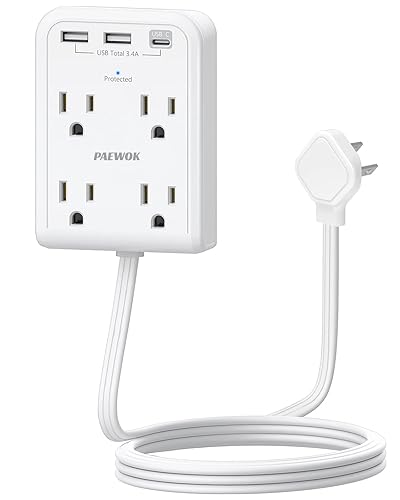 Surge Protector Power Strip, Outlet Extender Stick with USB C Ports, 4 Outlet 3 USB, 4 FT Extension Cord Flat Wall Plug, Home Office Dorm Room