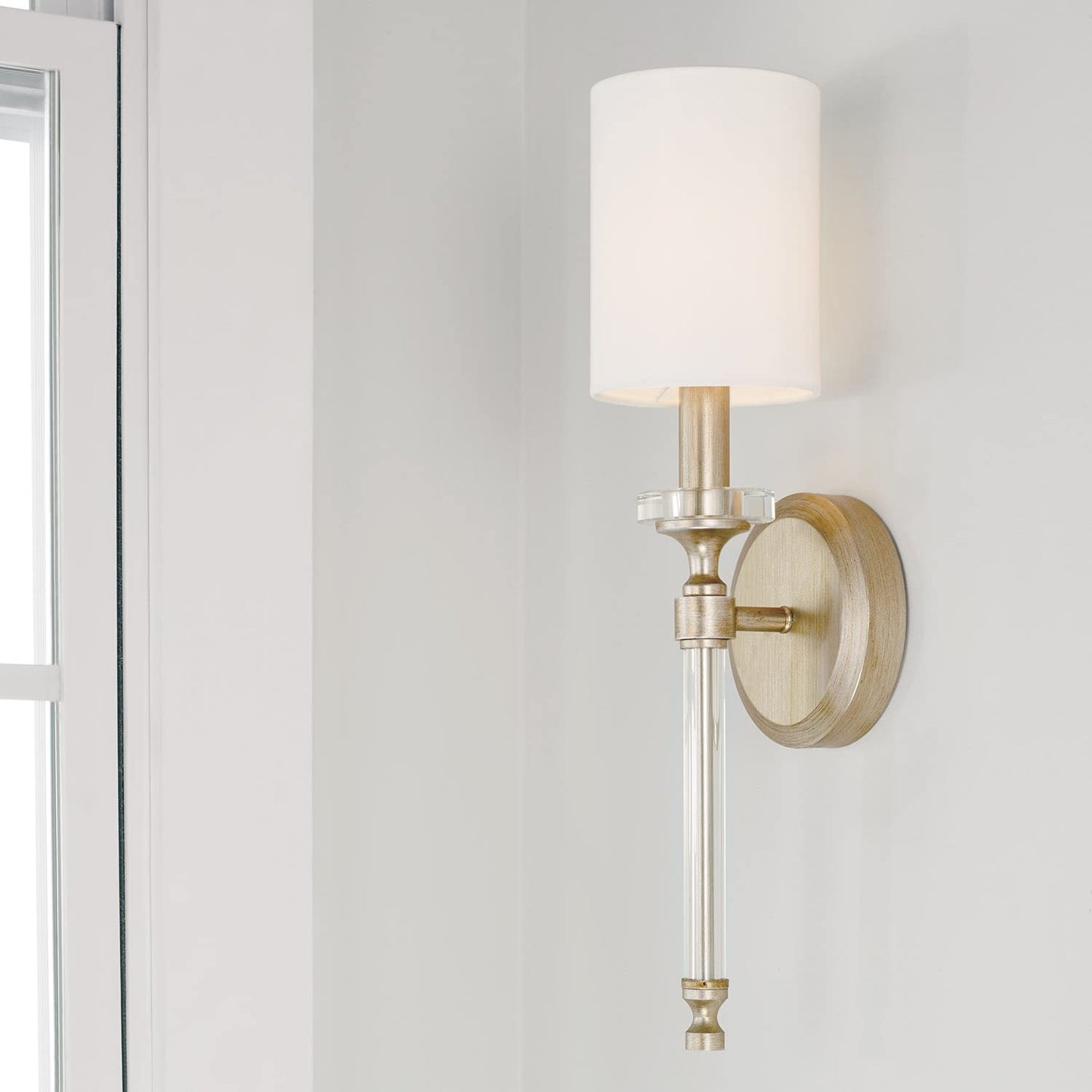 Capital Lighting 644811BS-703 Breigh Modern Luxe White Fabric Wall Sconce with Acrylic Rod & Bobeche, 1-Light 60 Watt, 18" H x 5" W, Brushed Champagne