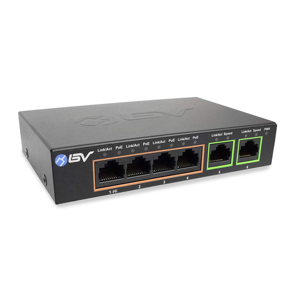 BV-Tech 6 Port PoE+ Switch 4 PoE+ Gigabit Ports with 2 Gigabit Uplink - 60W - 802.3at + 1 High PowerPort | Desktop Fanless Design | Sturdy Metal