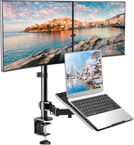 HUANUO Laptop Mount, Height Adjustable Dual Monitor Mount with Laptop Keyboard Tray Fit Two 13 to 27 Inch Flat Curved Computer Screens and 10 to 17
