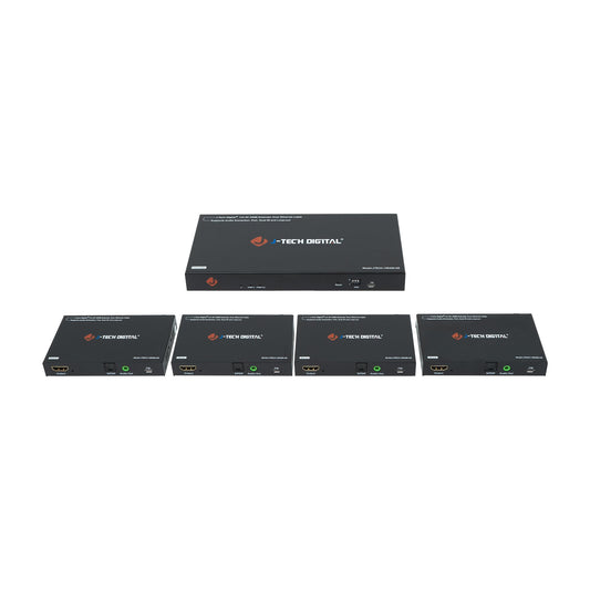 J-Tech Digital HDMI Extender Splitter 4K 60Hz 1 in 4 Out Over Single Cat5e/6 Ethernet Cable Up to 196ft. Supports 4K Downscale Audio Extraction PoC