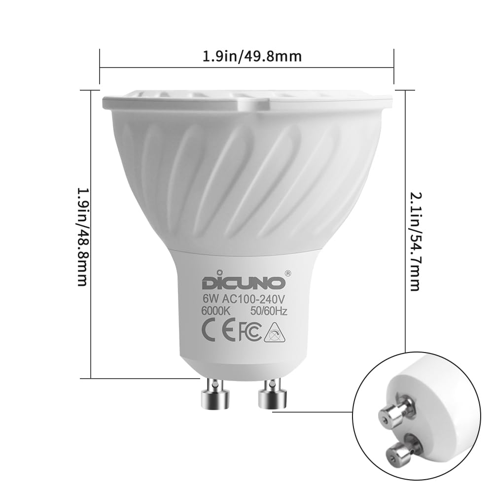 DiCUNO GU10 LED Bulb, 60W Equivalent, 600LM, Daylight White 6000K, 10-Pack