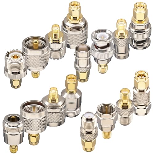 YOTENKO 16-Piece SMA Adapter Kit: SMA to BNC, N, F, UHF (PL259/SO239) Coaxial Connectors, Gold-Plated Brass RF Adapter Set for RTL-SDR Dongles, Ham