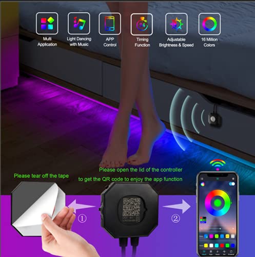 Auplf Motion Activated Under Bed Lights, 9.84ft 5050 RGB Color Changing LED Strip Lights with Sensor, APP Control and Music Sync, Dimmable Night Light