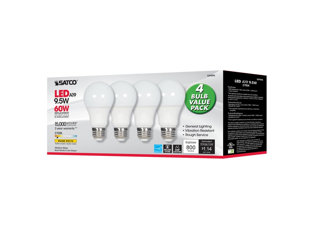 Satco S9596 Multi-Directional Led A19 4-Pack (9A19/LED/2700K/120V/4Pk)