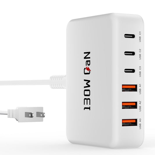130W Charging Station for Multiple Devices, GaN 6 Port USB C Fast Charger Block for iPhone 17 16 15 14 Pro Max, iPad, Pixel, Galaxy S25 S24 S23