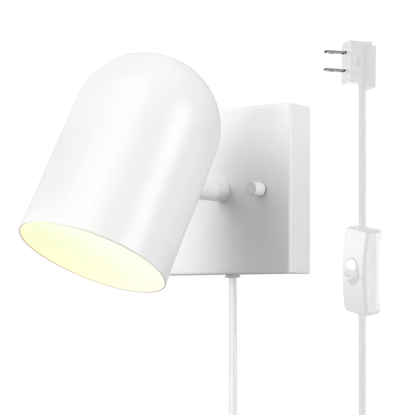 Globe Electric 65000146 1-Light Plug-in or Hardwire Wall Sconce, Matte White, 6ft White Braided Fabric Cord, in-Line Rocker Switch, Wall Lights