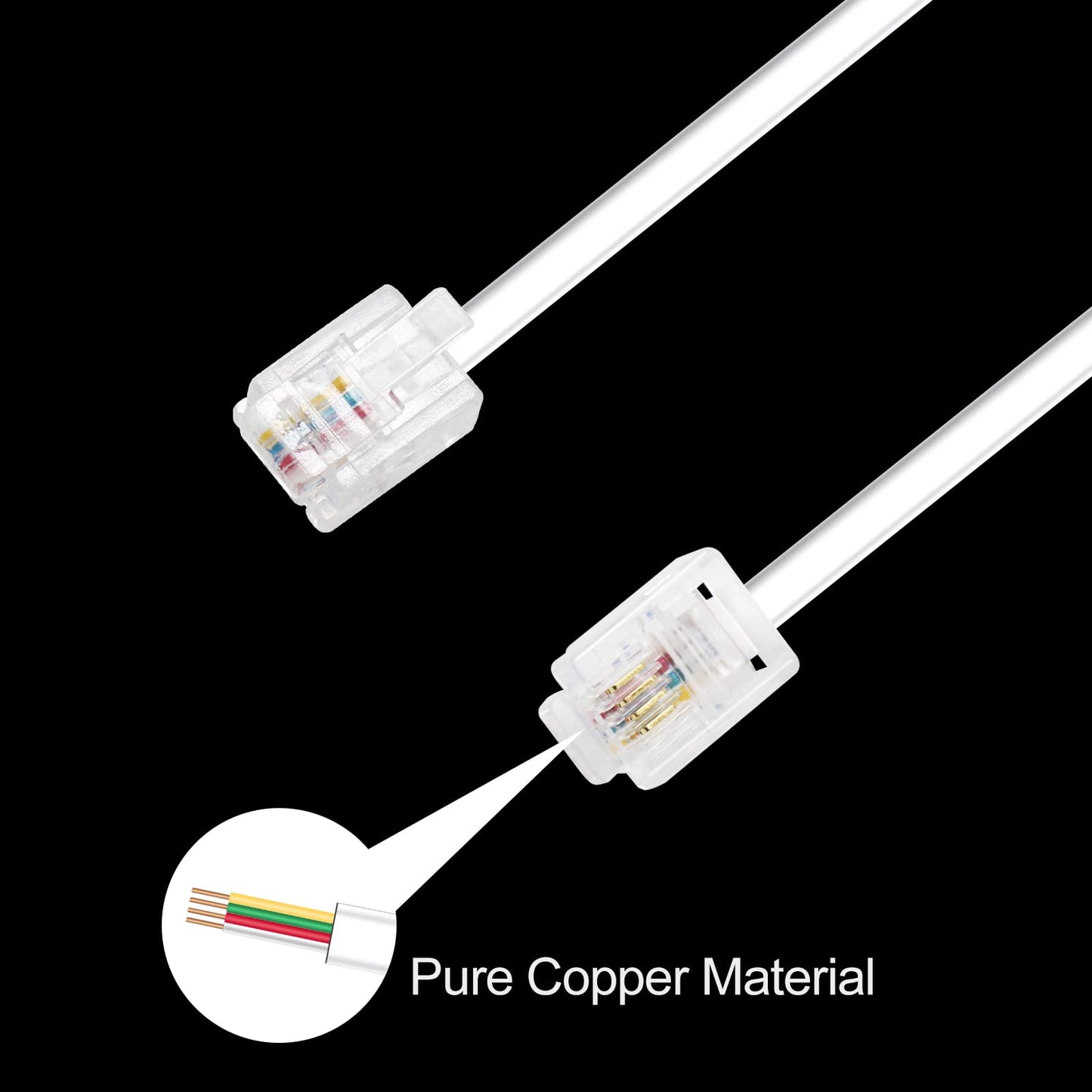 OLIREXD 2PCS 30Ft Phone Extension Cord Male to Male Telephone Flat Cord with Standard RJ11 6P4C Plug and 1 in-Line Coupler 50PCS Cable Clamp Holders