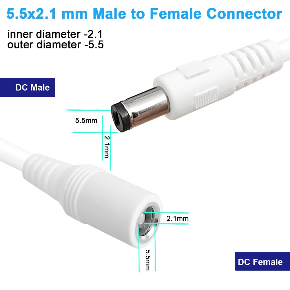2-Pack 13ft DC Power Extension Cable,5.5mm x 2.1mm Extension Cord,12v Extension Cord for Security Camera CCTV IP,Router,LED Strip,5V 9V 24V 12 Volt