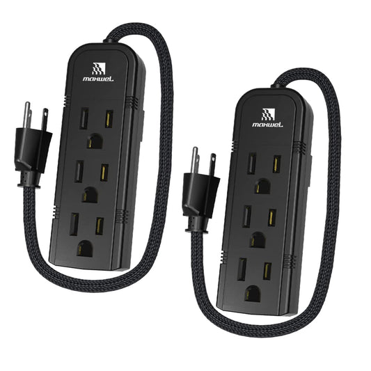 2Pack Small Power Strip Black Outlet - 1FT Heavy Duty Power Extension Cord, Mini Size Portable 3 Outlet Power Strip for Office,Computer,Home