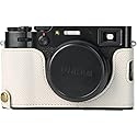 X100V Case, BMAOLLONGB Handmade PU Carbon Fibre Leather Half Camera Case Bag Cover Bottom Opening Version for Fujifilm X100V with Hand Strap (White)