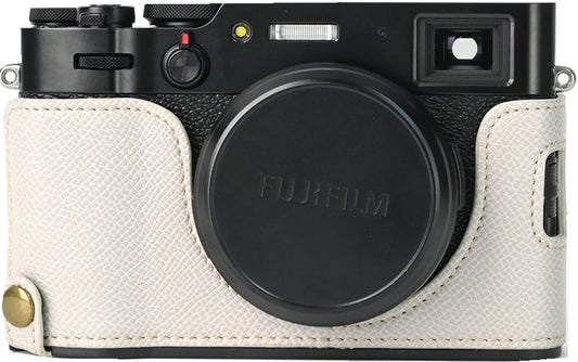 X100V Case, BMAOLLONGB Handmade PU Carbon Fibre Leather Half Camera Case Bag Cover Bottom Opening Version for Fujifilm X100V with Hand Strap (White)