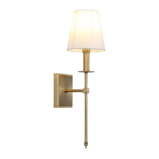 PERMO Single Classic Rustic Industrial Wall Sconce Lighting Fixture with Flared White Textile Lamp Shade and Antique Brass Tapered Column Stand
