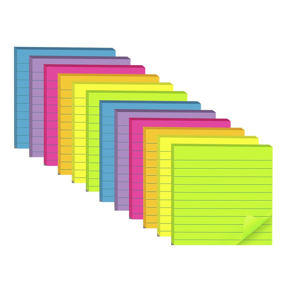 (12 Pads) Lined Sticky Notes 4x4 in, 6 Bright Colors Self-Stick Note Pads