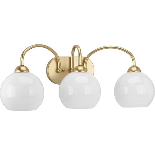 Progress Lighting Carisa Collection 3-Light Opal Glass Mid-Century Modern Bath Vanity Light Vintage Gold