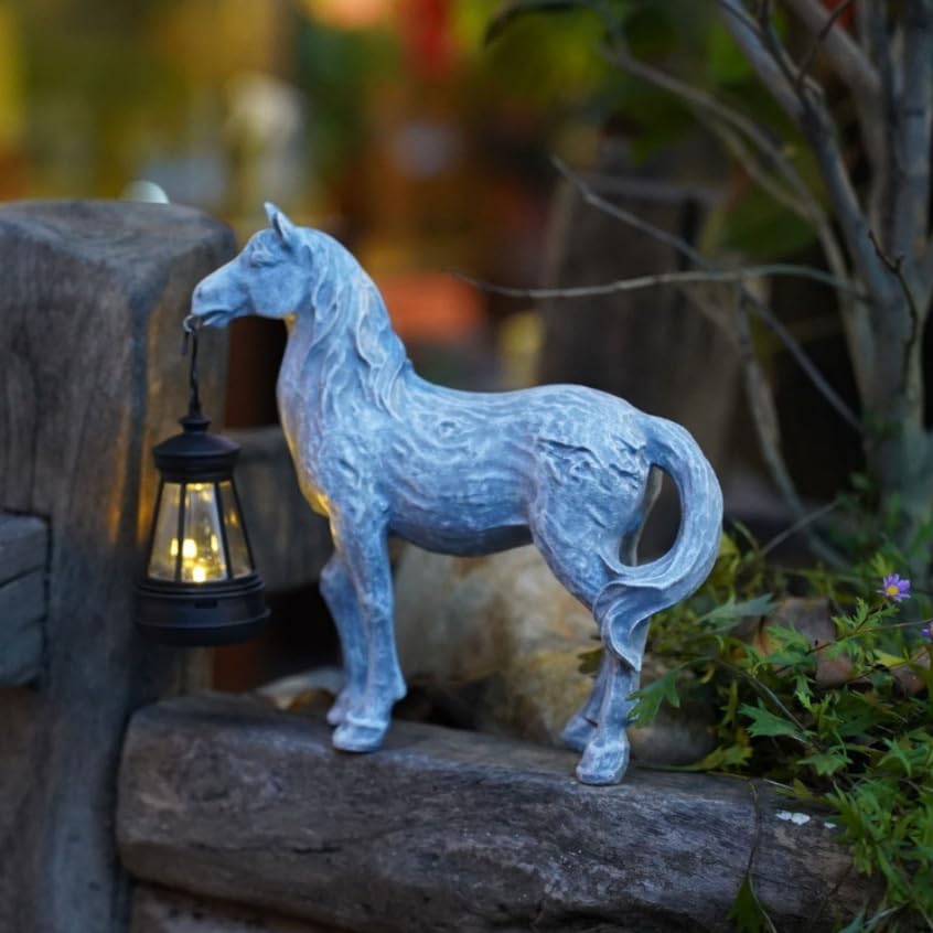 Fibroxify Solar Garden Horse Figurines, Horse with Solar Lantern, Whimsical Outdoor Indoor Decor, Grey