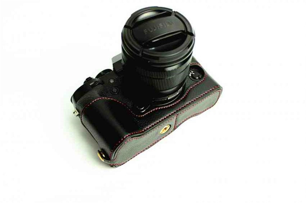 XT1 Case, BolinUS Handmade Genuine Real Leather Half Camera Case Bag Cover for Fujifilm Fuji X-T1 XT1 Opening Version + Hand Strap -Black