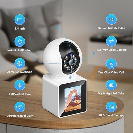 NAZRIO Home Two Way Video Camera, 2.4" Indoor 2K Cameras for Baby & Elderly Care, Pet/Dog/Cat Cam, AI Siren Security, Night Vision, Phone App, 2.4Ghz