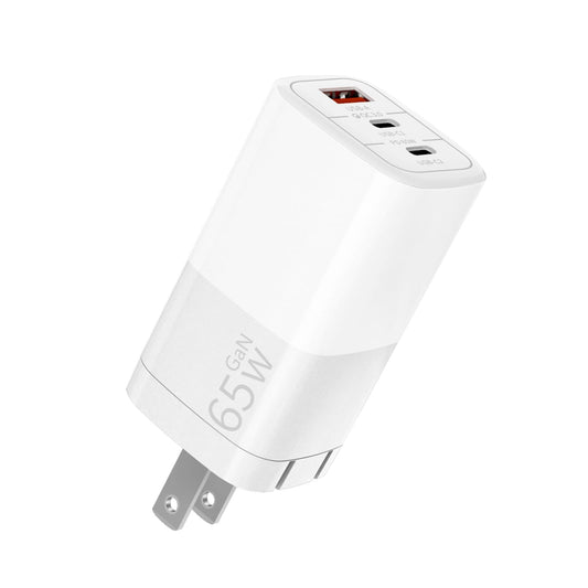 Okjew 65W GaN Fast Charger, 3-Port USB C PD Power Adapter (2×USB-C + 1×USB-A) - Compact & Foldable for MacBook Pro/Air, iPhone 16, iPad, Galaxy S25