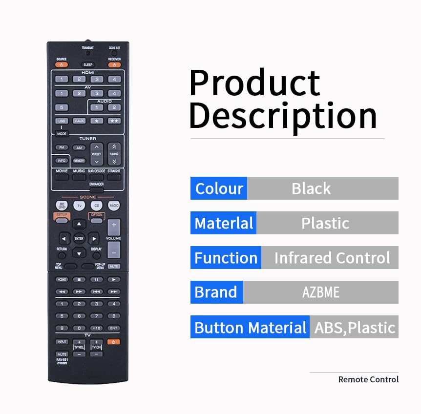 Replacement Remote Control RAV491 ZF30320 Fit for Yamaha YHT-399U HTR-5063 RAV293 RAV331 RAV334 RX-V467 RX-V367 RX-V371 AV A/V Receiver