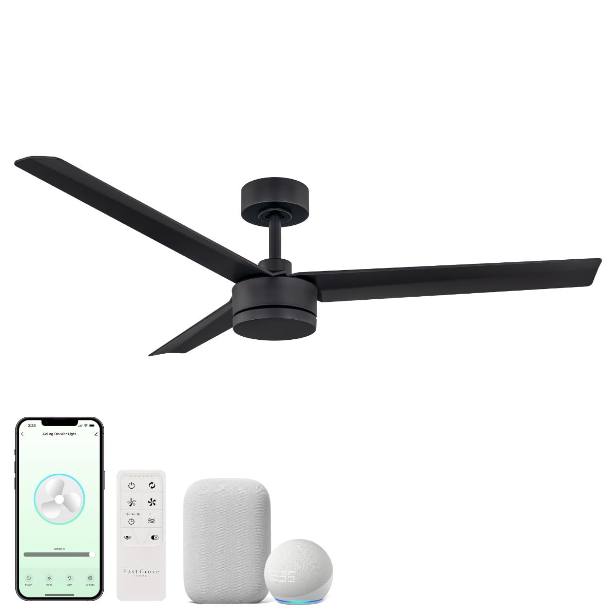 East Grove Home Indoor or Outdoor Breeze 52in 3-Blade Smart Indoor or Outdoor Ceiling Fan in Matte Black Works With iOS or Android App