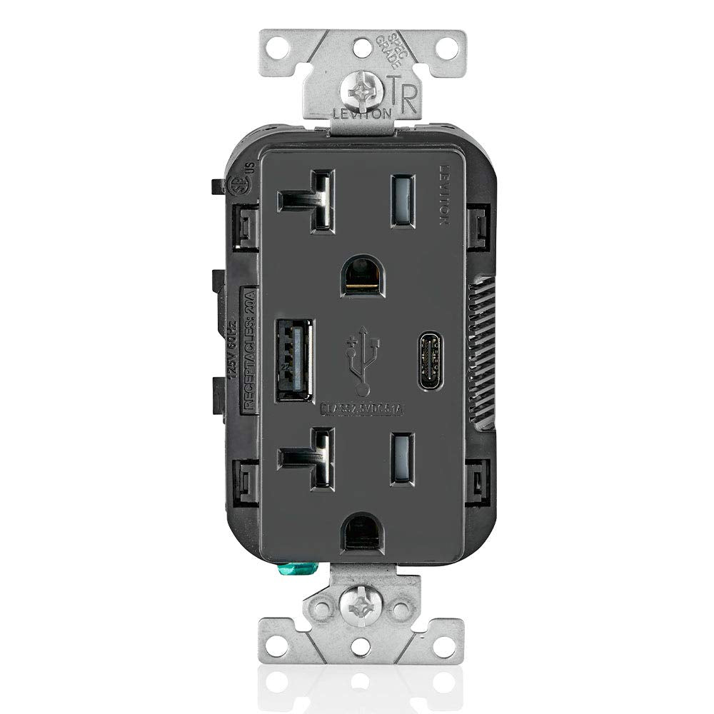 Leviton Type A & Type-C USB In-Wall Charger with 20A Tamper-Resistant Outlet, USB Charger for Smartphones and Tablets. Not for Laptops, T5833-E, Black