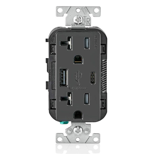 Leviton Type A & Type-C USB In-Wall Charger with 20A Tamper-Resistant Outlet, USB Charger for Smartphones and Tablets. Not for Laptops, T5833-E, Black