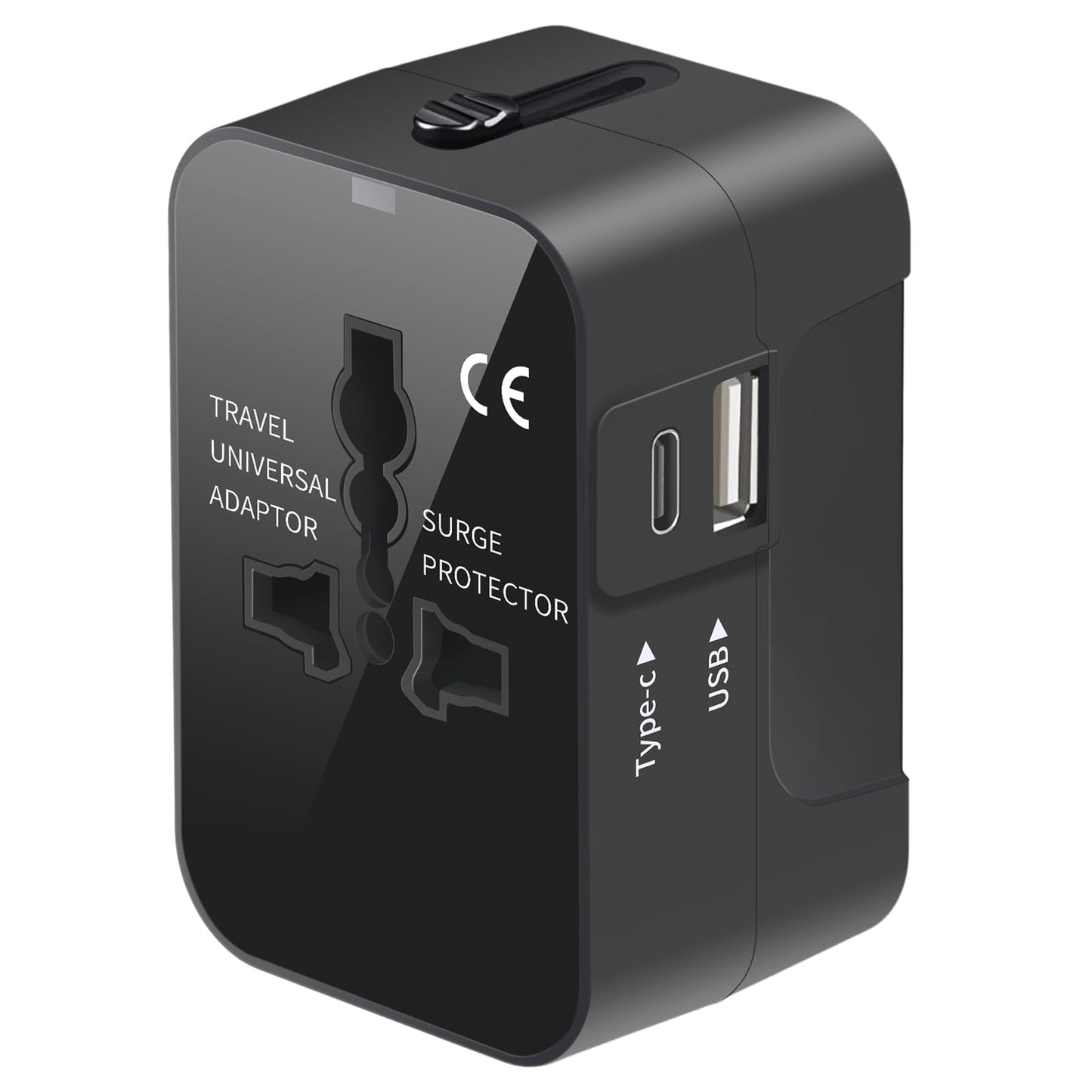 Universal Travel Adapter with USB-C & USB-A – All-in-One Worldwide Power Plug Charger for USA, EU, UK, AUS – Black