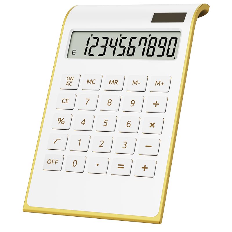 Gold Calculator, 10 Digits Solar Battery Basic, Dual Powered Desktop Calculator, Tilted LCD Display, Inclined Design Slim by Sportsvoutdoors (White