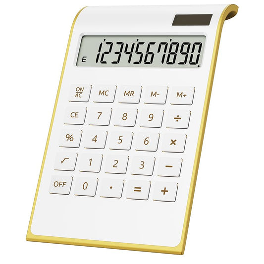 Gold Calculator, 10 Digits Solar Battery Basic, Dual Powered Desktop Calculator, Tilted LCD Display, Inclined Design Slim by Sportsvoutdoors (White