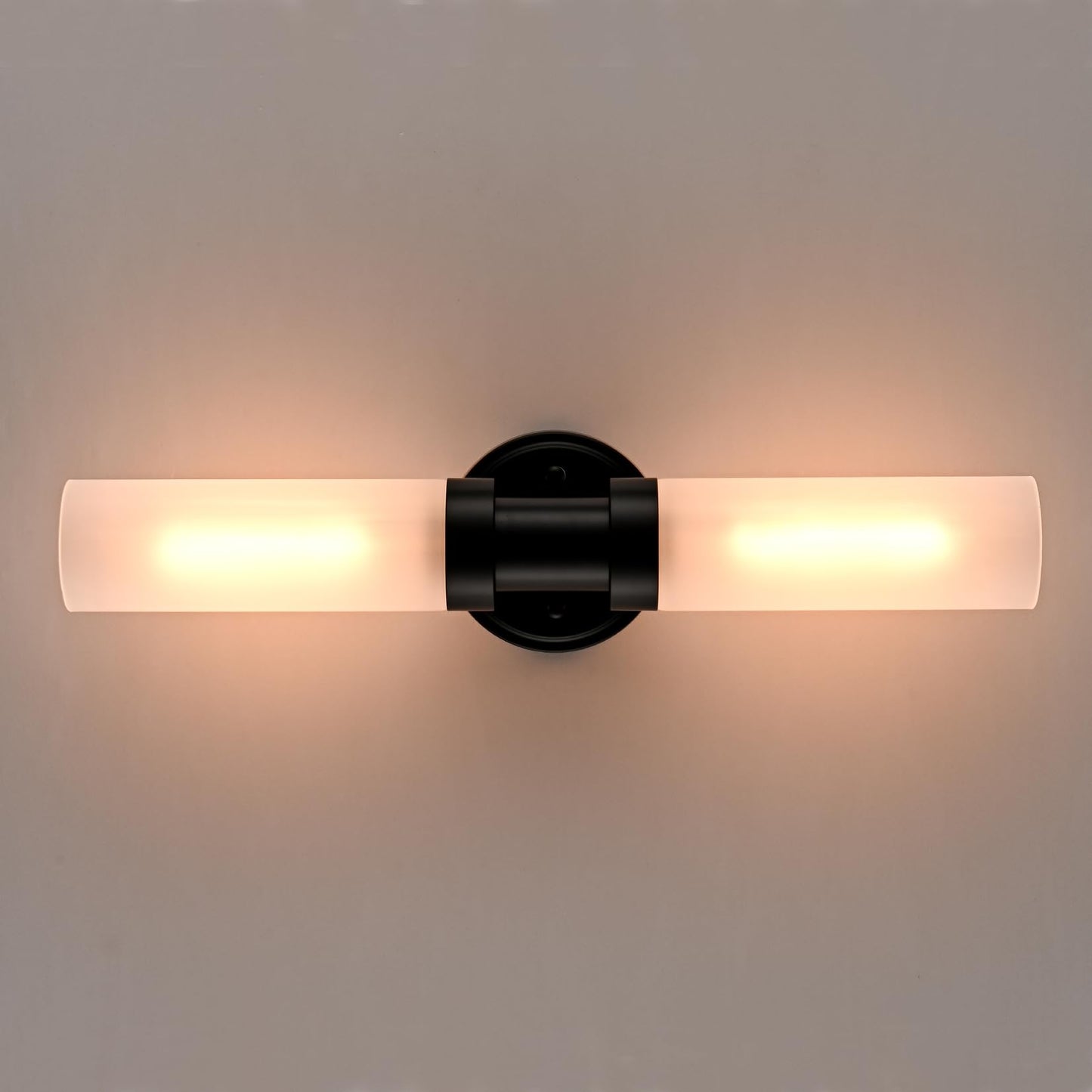 TEENYO Modern 2-Light Black Wall Sconce, Cylinder Frosted Glass Bathroom Wall Light Fixtures 20-Inch Black Glass Sconces Wall Lighting for Bedroom